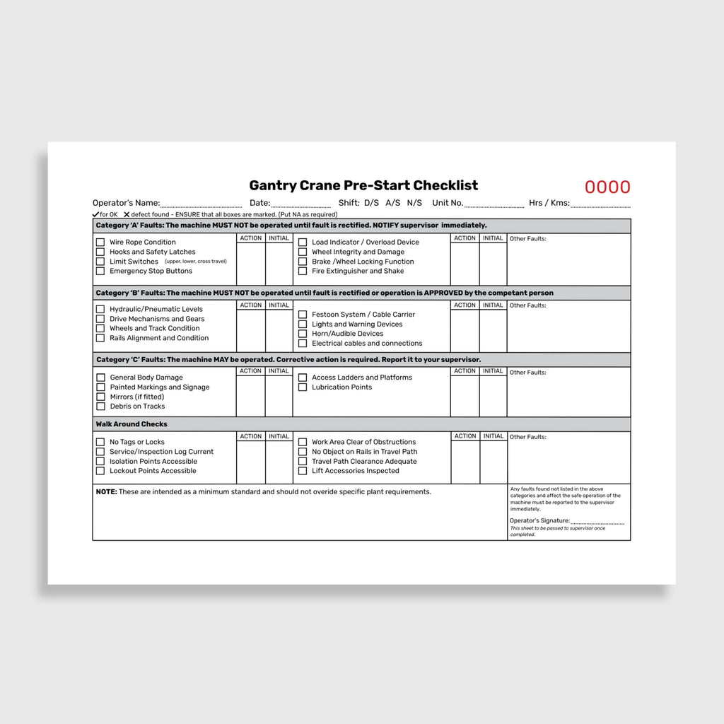 Benefits callout for BSB 061 Gantry Crane Pre Start Checklist highlighting 50 duplicate copies, taped spine binding, writing shield, and compliance documentation features.