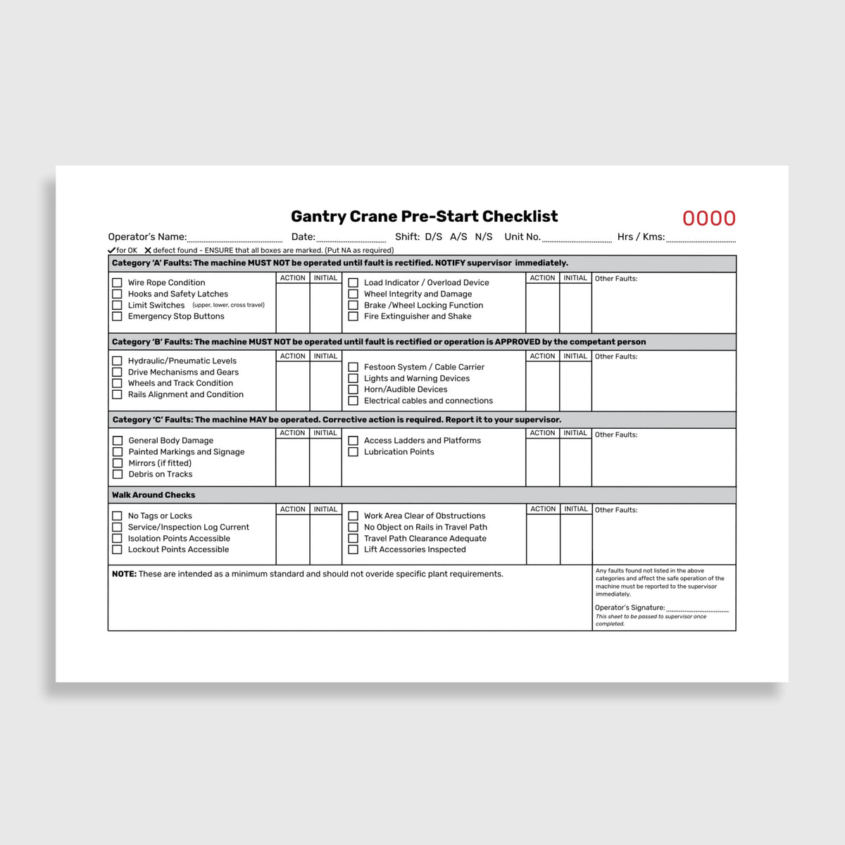 Benefits callout for BSB 061 Gantry Crane Pre Start Checklist highlighting 50 duplicate copies, taped spine binding, writing shield, and compliance documentation features.