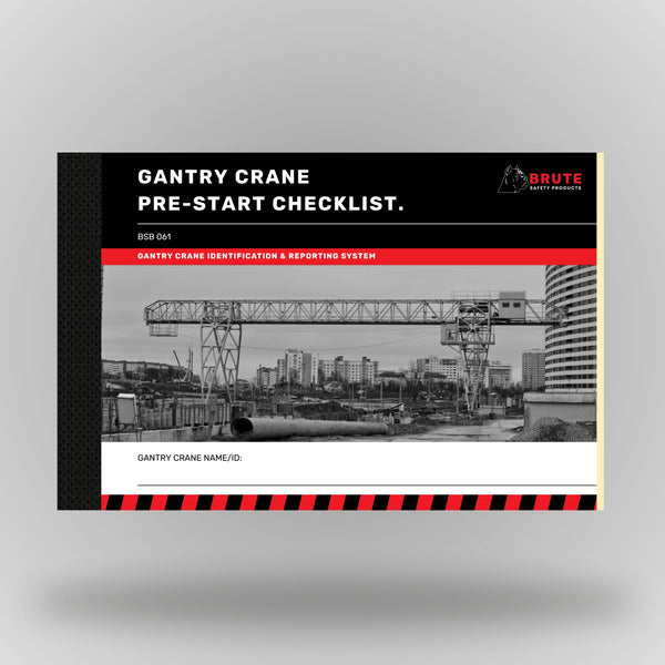 Upright view of BSB 061 Gantry Crane Pre Start Checklist book showing cover with product title and taped spine binding.
