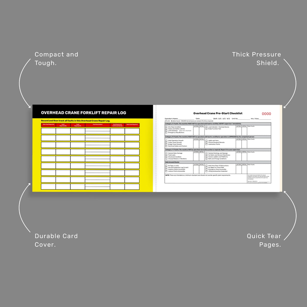 Benefits callout for BSB 062 Overhead Crane Pre Start Checklist showcasing 50 duplicate copies, taped spine durability, writing shield protection, and safety compliance features.
