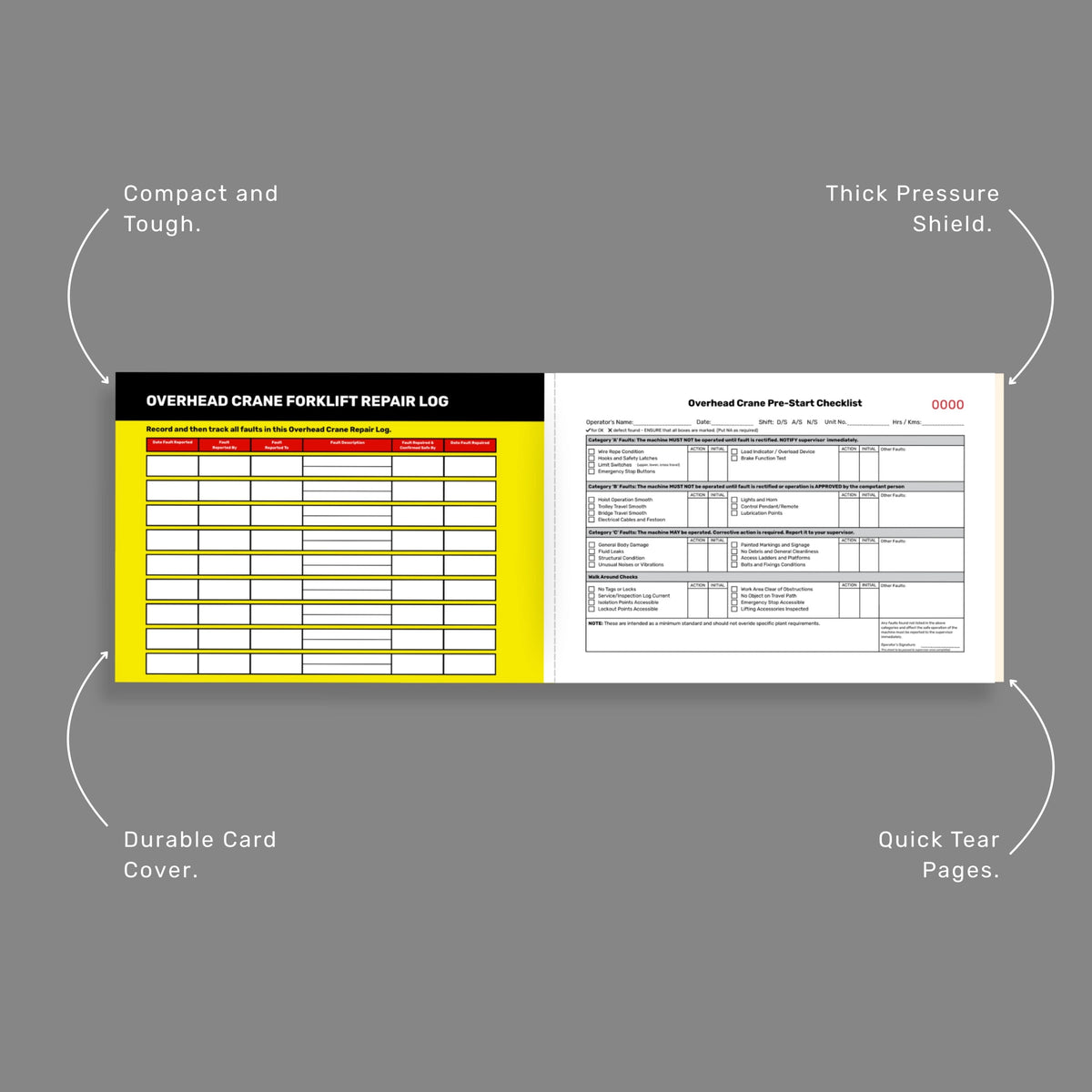 Benefits callout for BSB 062 Overhead Crane Pre Start Checklist showcasing 50 duplicate copies, taped spine durability, writing shield protection, and safety compliance features.