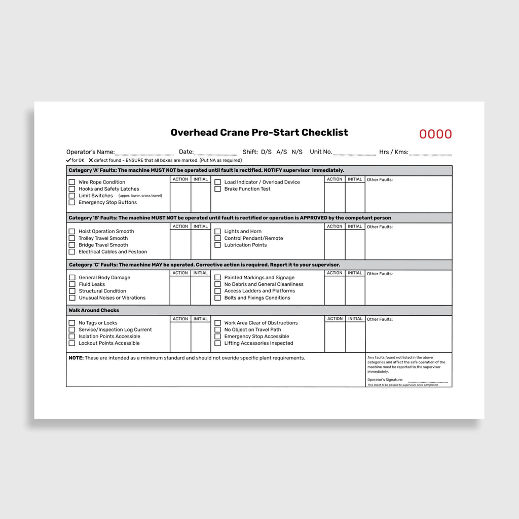 Layflat view of BSB 062 Overhead Crane Pre Start Checklist showing open checklist pages, duplicate copy system, and writing shield in position.