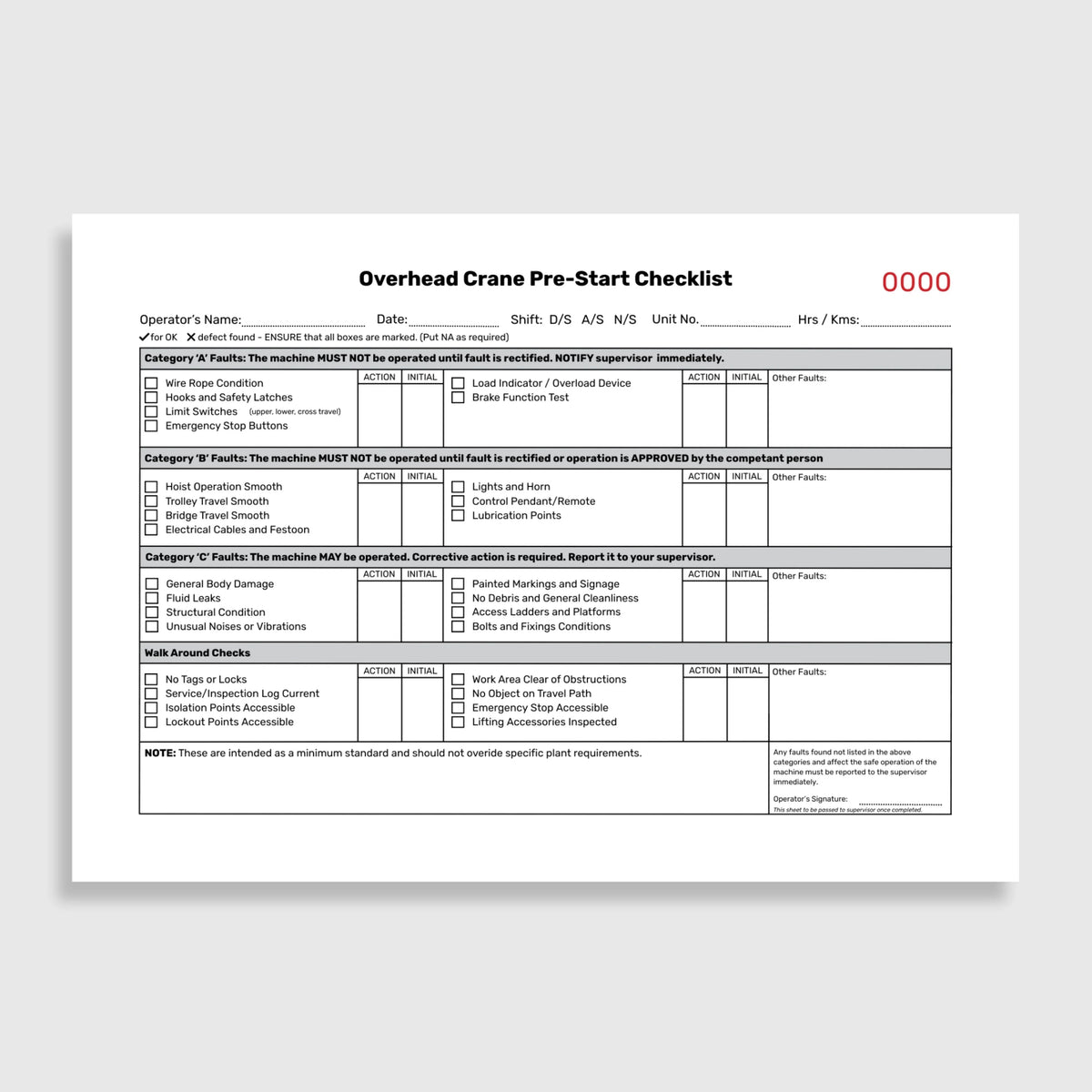 Layflat view of BSB 062 Overhead Crane Pre Start Checklist showing open checklist pages, duplicate copy system, and writing shield in position.