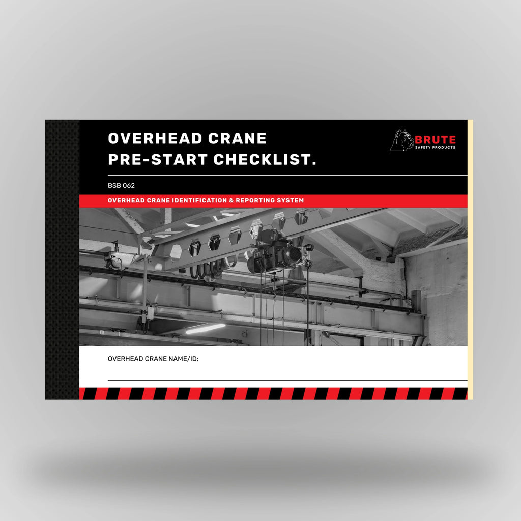 Upright view of BSB 062 Overhead Crane Pre Start Checklist book displaying cover title and taped spine construction.