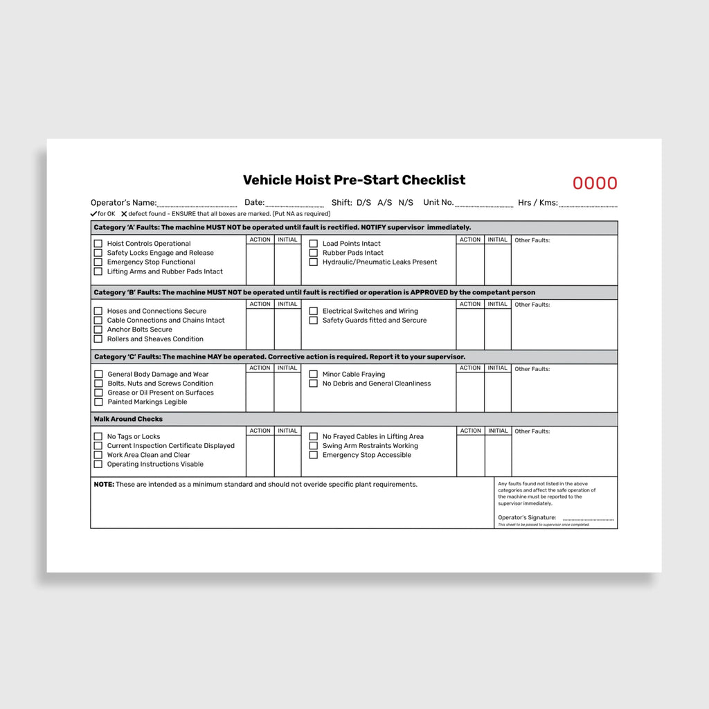 Layflat view of BSB 063 Vehicle Hoist Pre Start Checklist revealing inspection form layout, duplicate copy beneath, and protective writing shield.