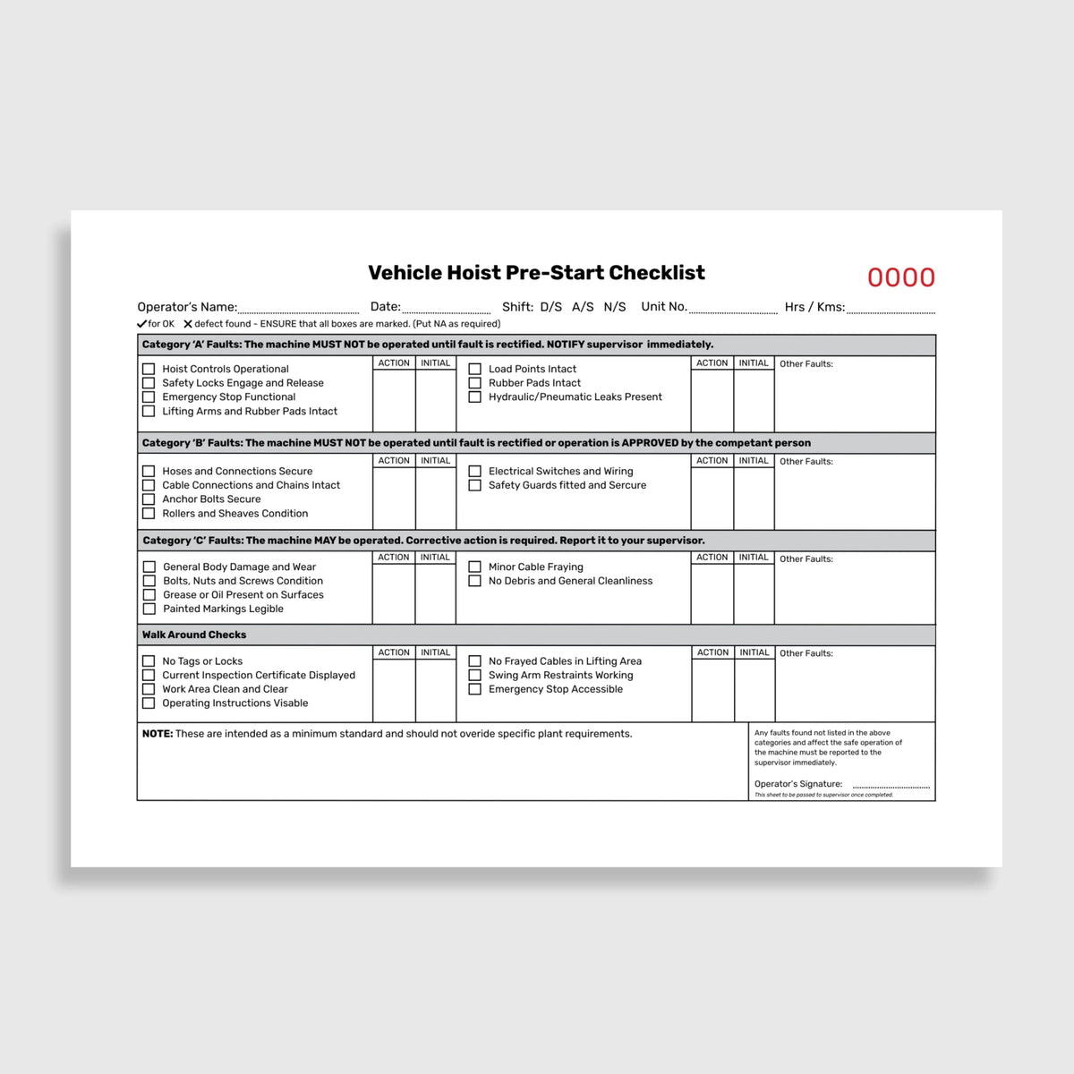 Layflat view of BSB 063 Vehicle Hoist Pre Start Checklist revealing inspection form layout, duplicate copy beneath, and protective writing shield.