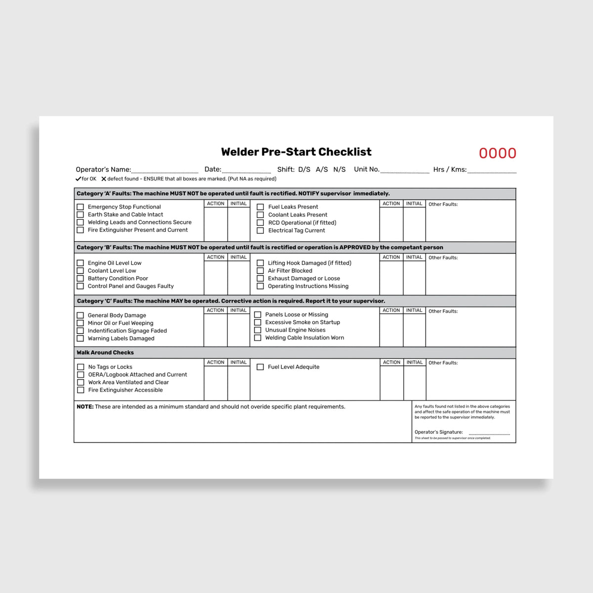 Layflat view of BSB 064 Welder Pre Start Checklist showing checklist pages open with inspection fields, duplicate copy visible, and writing shield in place.