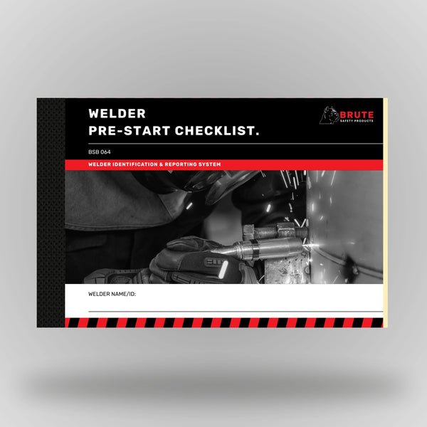 Upright view of BSB 064 Welder Pre Start Checklist book displaying cover and taped spine binding detail.