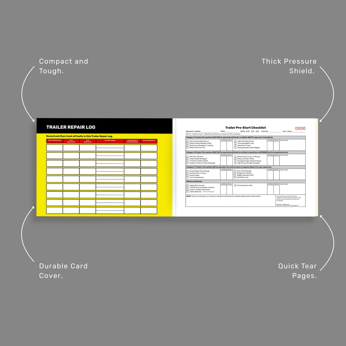 Benefits callout for BSB 065 Trailer Pre Start Checklist featuring 50 duplicate copies, taped spine binding, writing shield, and transport compliance documentation.