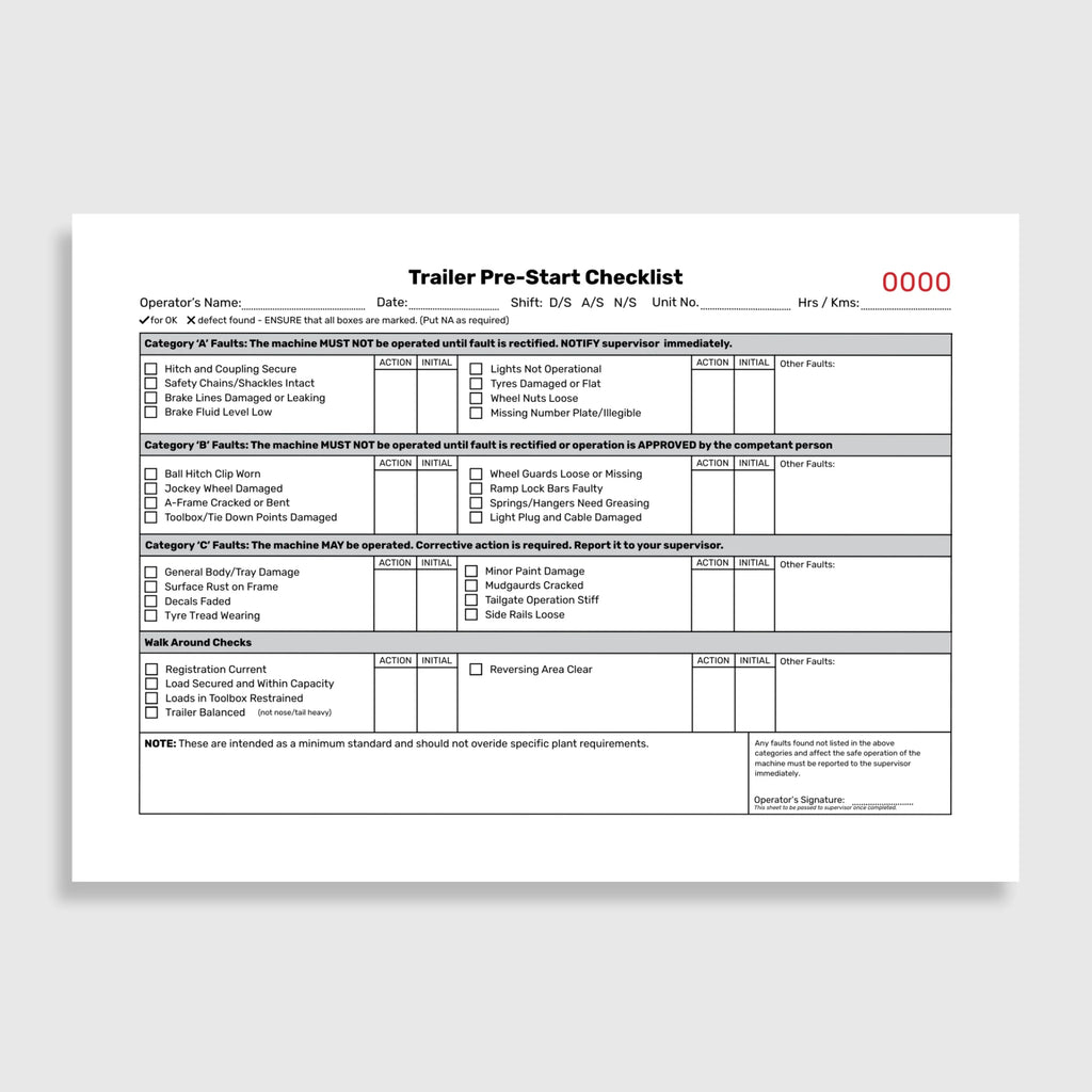Layflat view of BSB 065 Trailer Pre Start Checklist displaying open inspection pages, duplicate copy system, and writing shield positioned over forms.