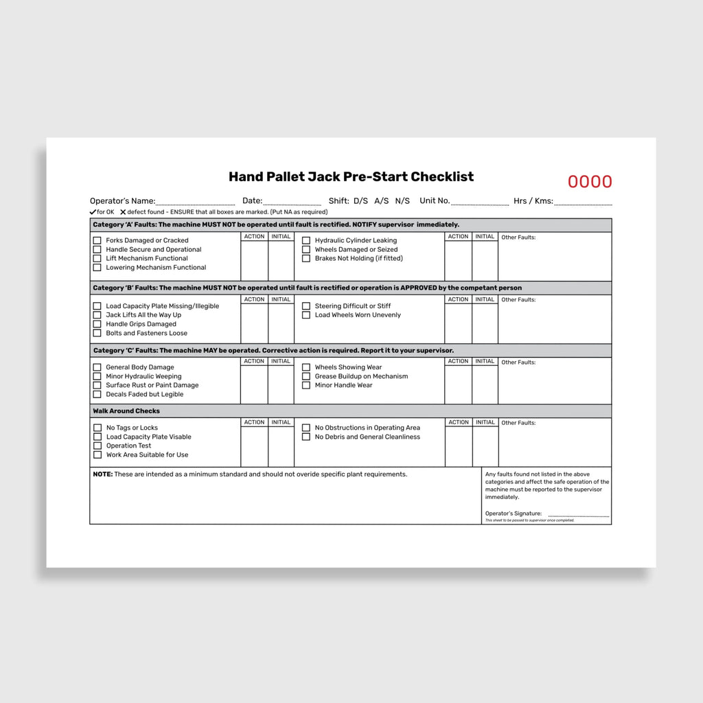 Layflat view of BSB 066 Pallet Jack Pre Start Checklist revealing inspection form fields, duplicate copy beneath, and protective writing shield in use.