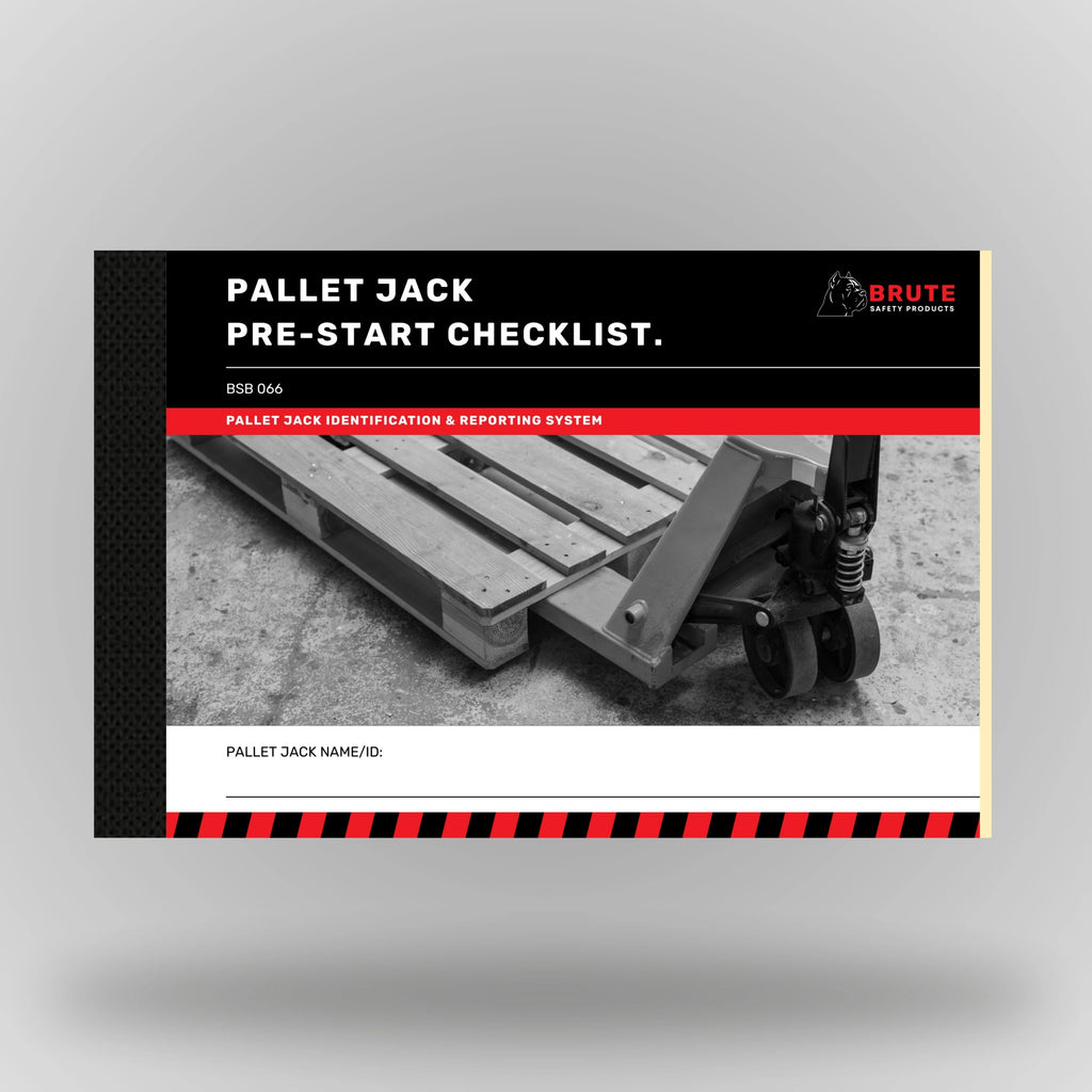 Upright view of BSB 066 Pallet Jack Pre Start Checklist book showing cover with product title and taped spine edge.