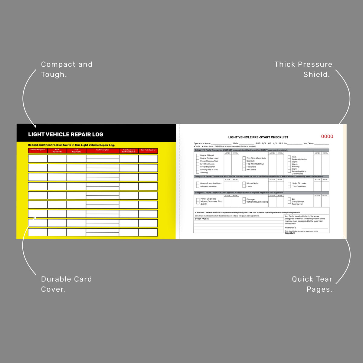 Close up of light vehicle pre start checklist book highlighting the writing shield, 50 duplicate copies and 148 x 210mm compact size