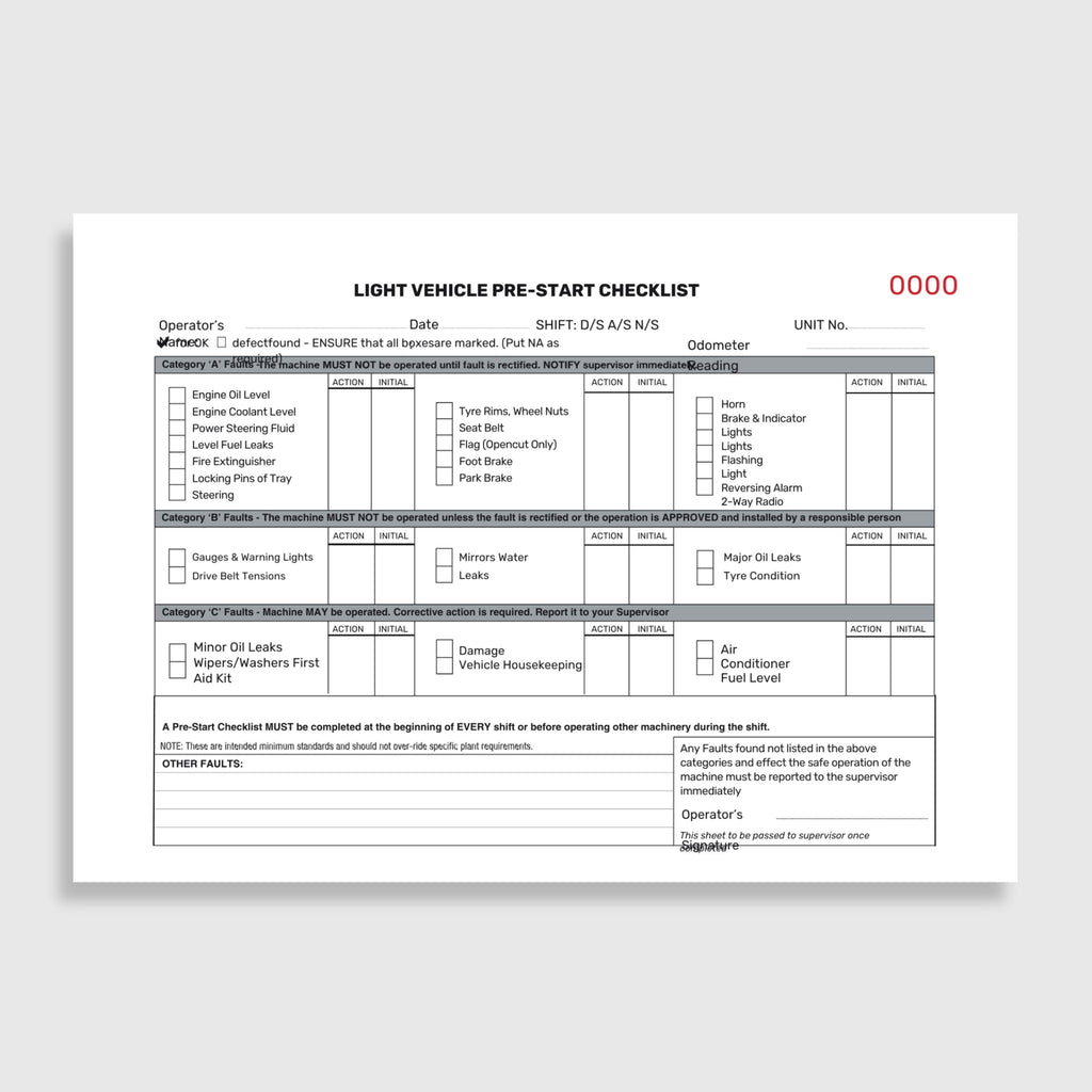 Light vehicle pre start checklist book laid flat open showing duplicate copy pages, taped spine binding and printed checklist fields