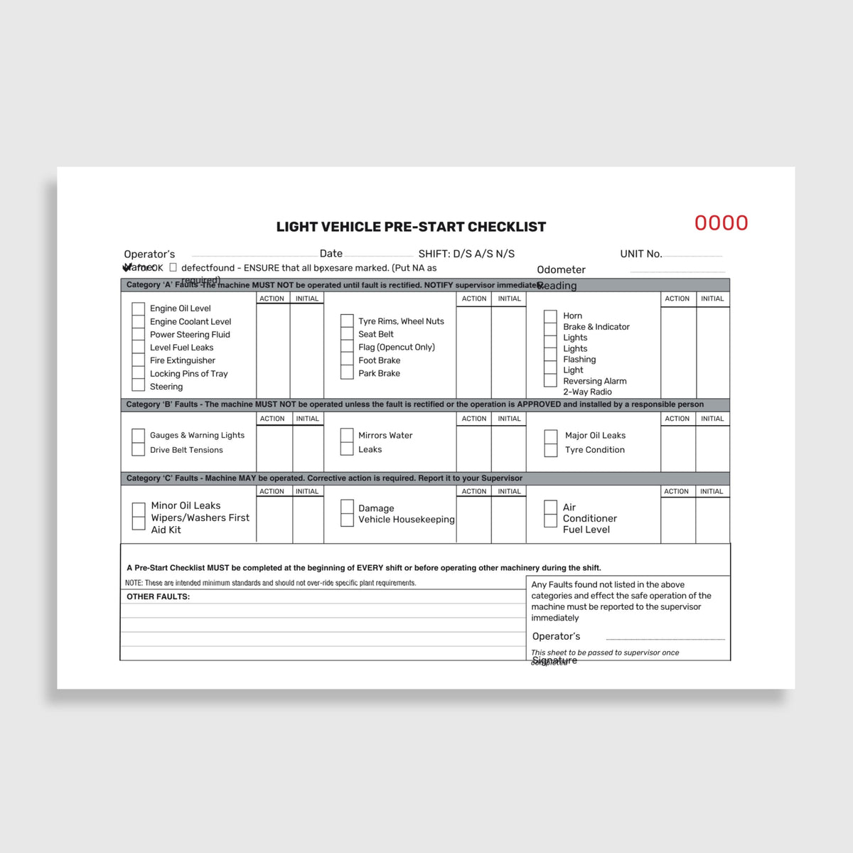 Light vehicle pre start checklist book laid flat open showing duplicate copy pages, taped spine binding and printed checklist fields