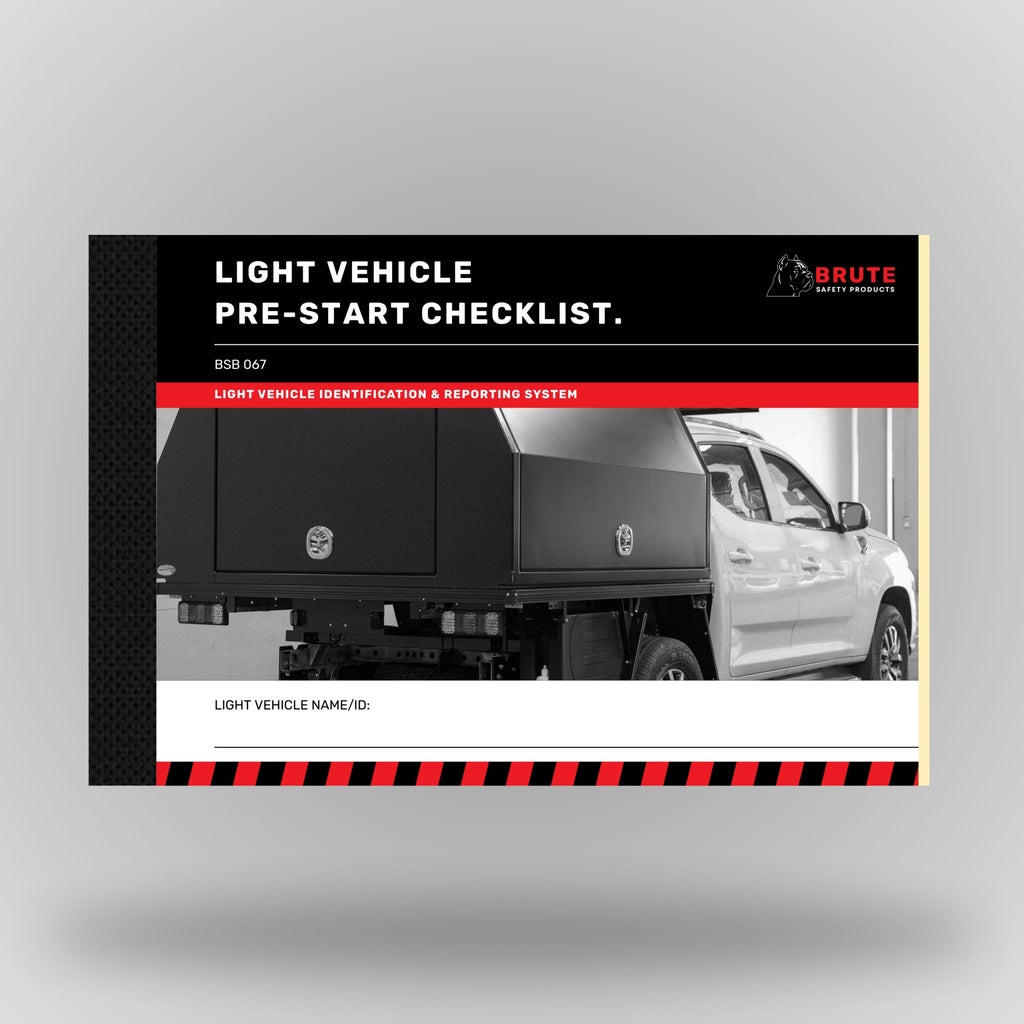 Light vehicle pre start checklist book standing upright showing front cover with Brute Safety Products branding