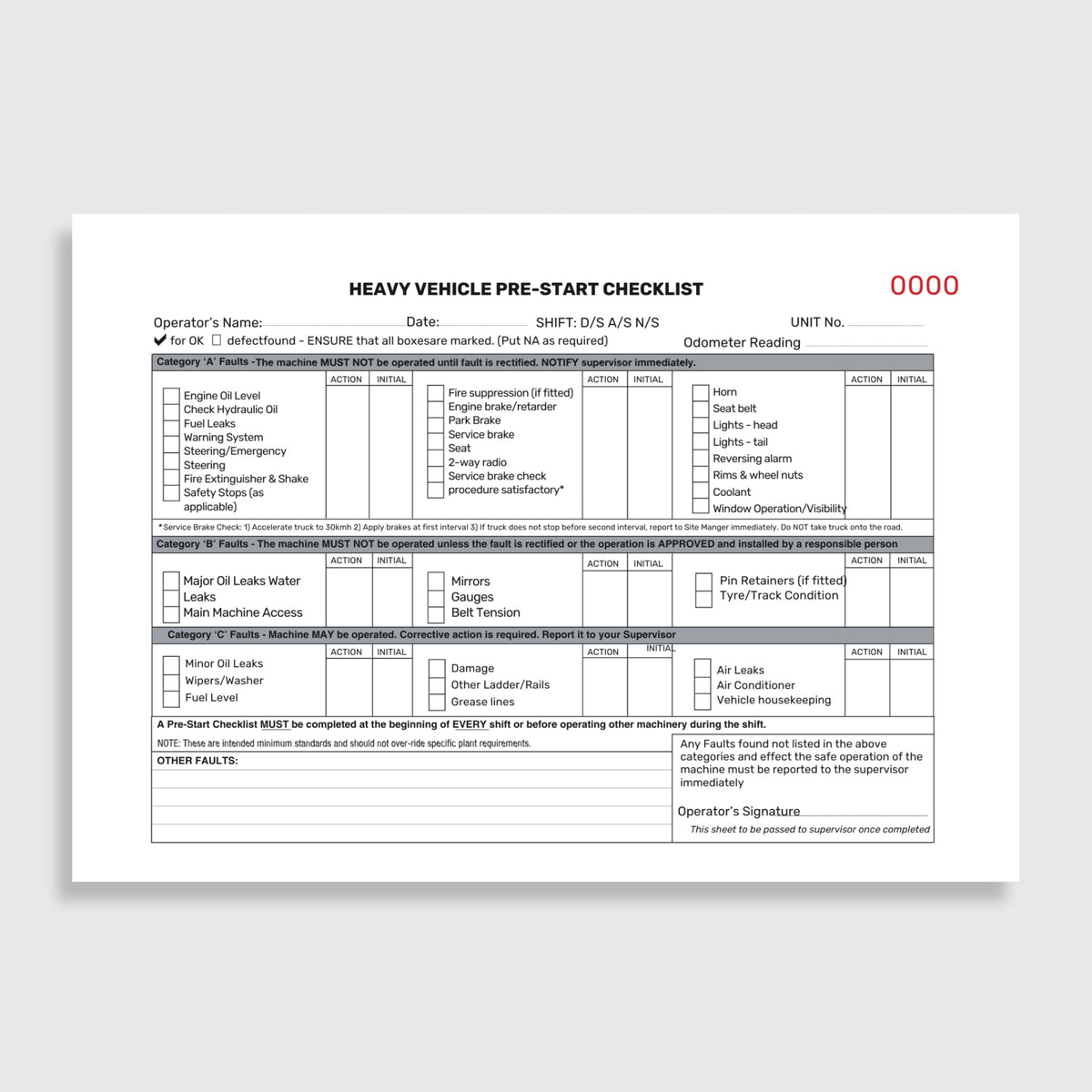 Heavy vehicle pre start checklist book laid flat and open showing duplicate copy pages, taped spine binding and printed inspection fields
