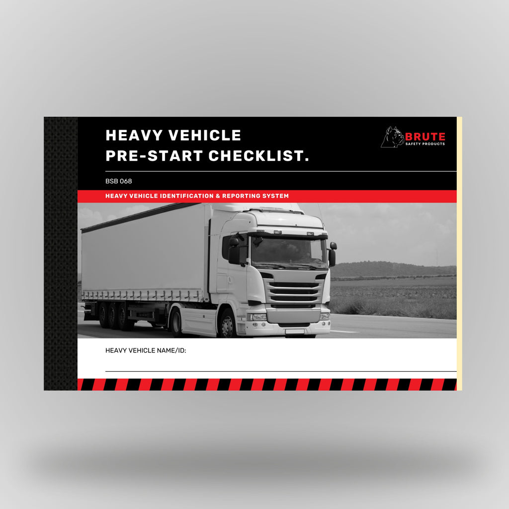 Heavy vehicle pre start checklist book standing upright showing front cover with Brute Safety Products branding