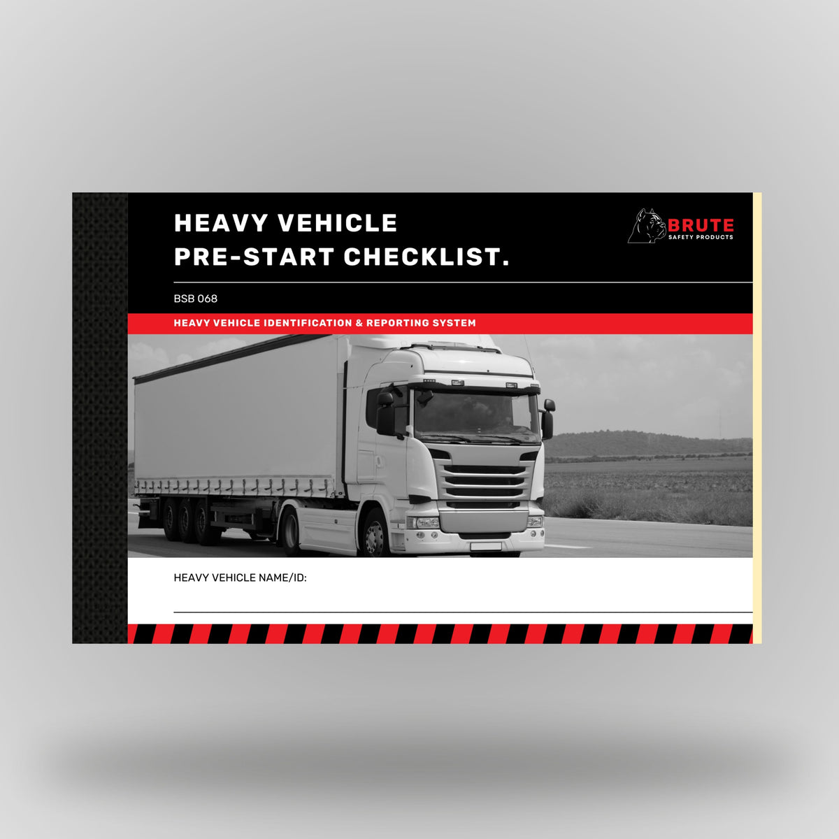 Heavy vehicle pre start checklist book standing upright showing front cover with Brute Safety Products branding