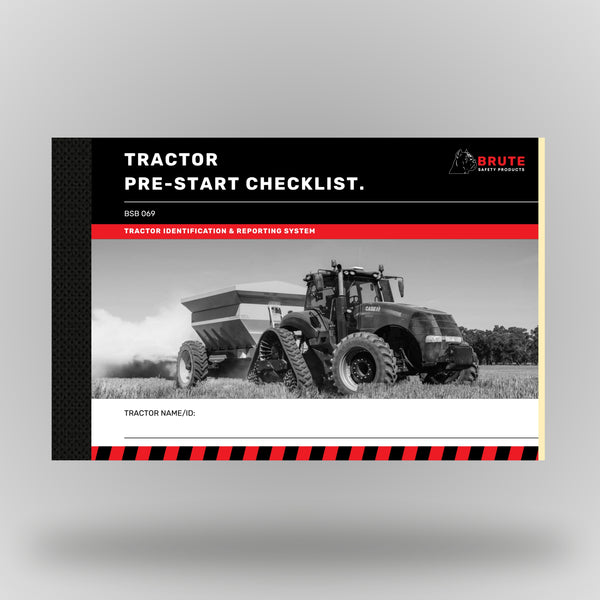 Brute Safety BSB 069 Tractor Pre-Start Checklist book showing the front cover with tractor identification and reporting system branding, black and red design with tractor name/ID field.