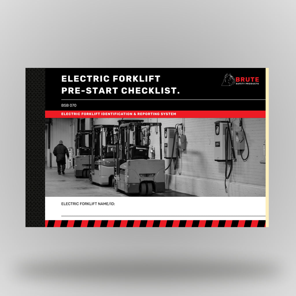 Brute Safety BSB 070 Electric Forklift Pre_Start Checklist book front cover with forklift identification and reporting system branding, black and red design with unit name/ID field.