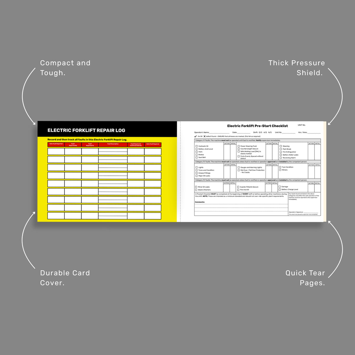 BSB 070 Electric Forklift Pre_Start Checklist book with callout labels highlighting compact and tough construction, thick pressure shield, durable card cover and quick tear pages.