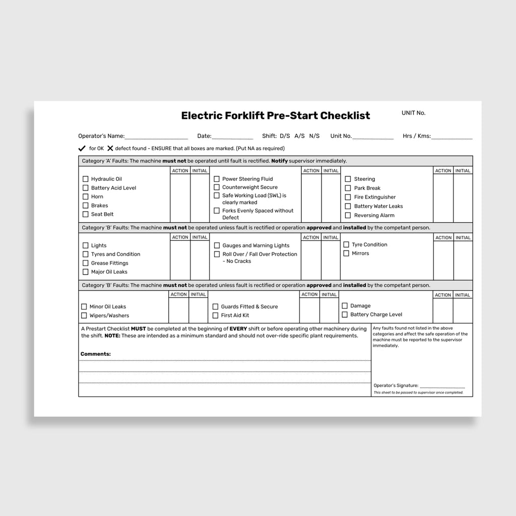 Open BSB 070 Electric Forklift Pre_Start Checklist book showing the fault repair log and pre_start inspection checklist with operator details, inspection items and signature fields.
