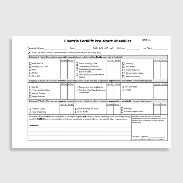 Electric Forklift Pre Start Checklist Book | Brute Safety Products