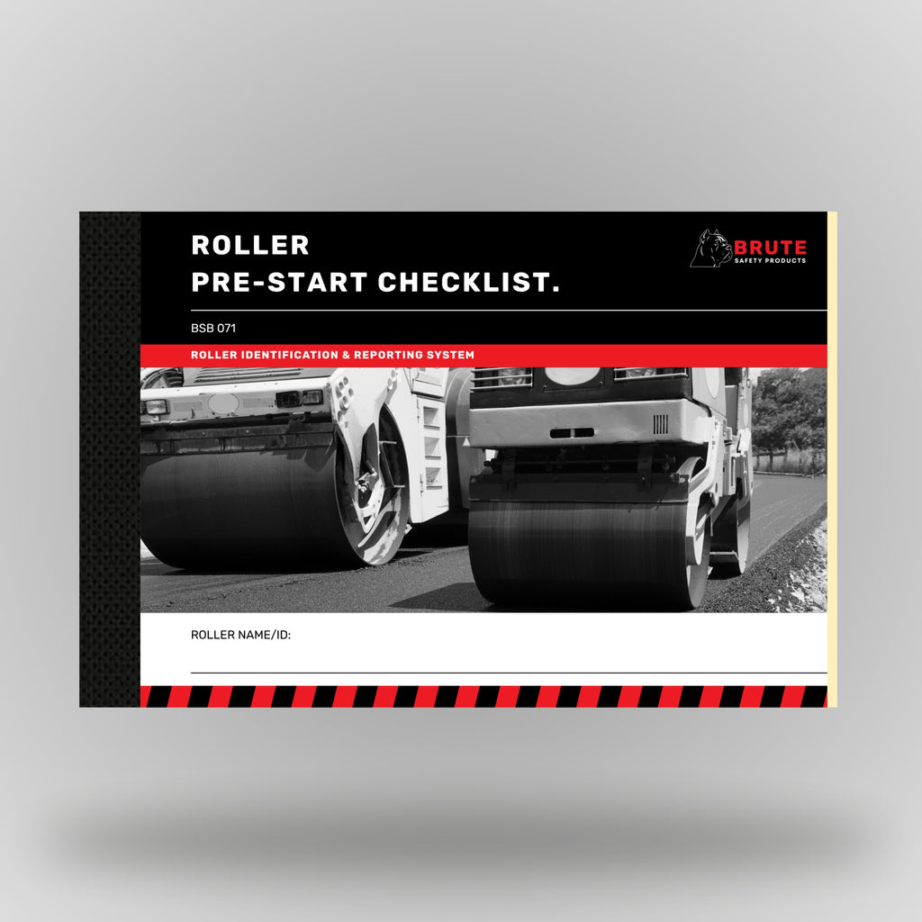 Brute Safety BSB 071 Roller Pre_Start Checklist book front cover with roller identification and reporting system branding, black and red design with unit name/ID field.