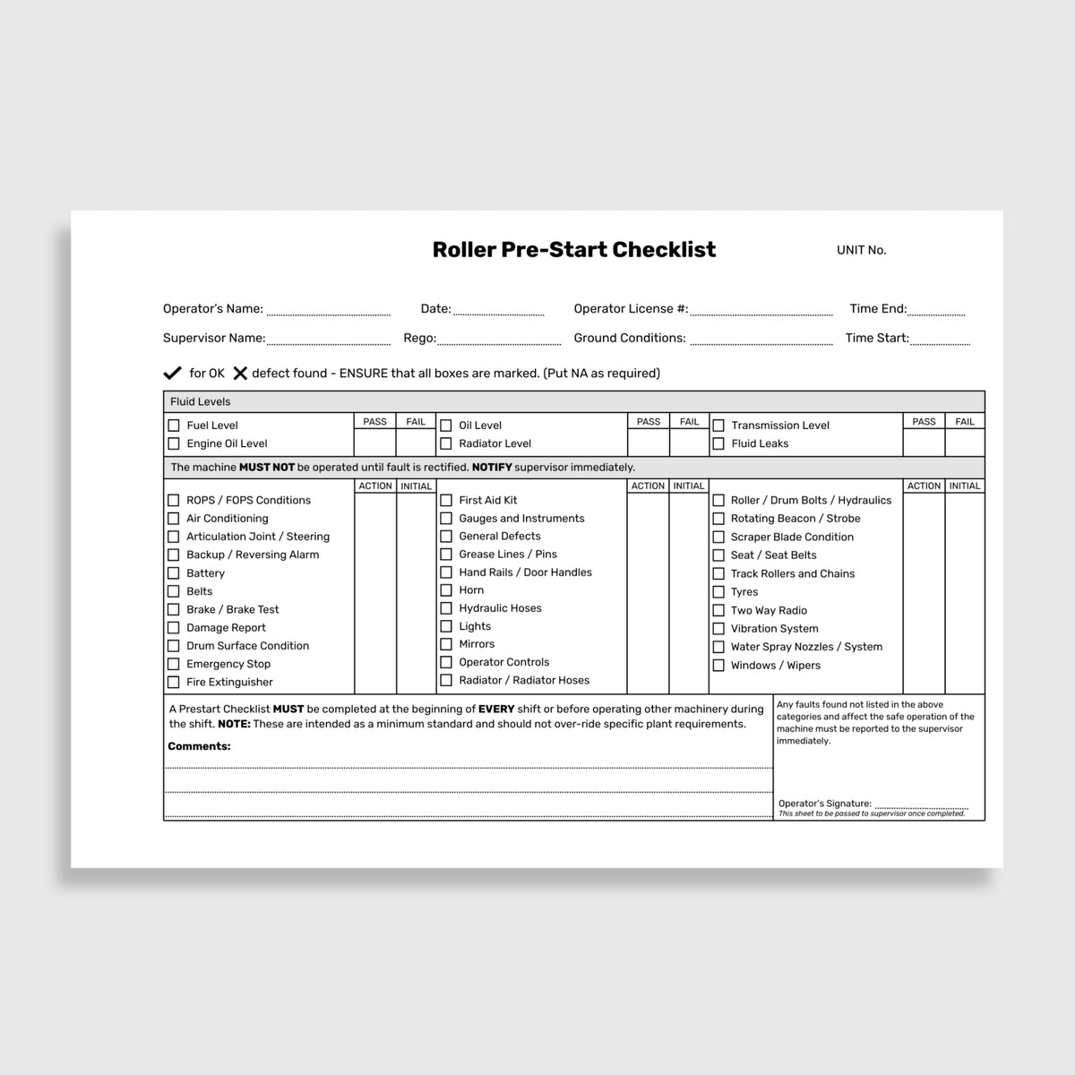 Open BSB 071 Roller Pre_Start Checklist book displaying the fault repair log on the left and pre_start inspection checklist on the right with operator, date and signature fields.