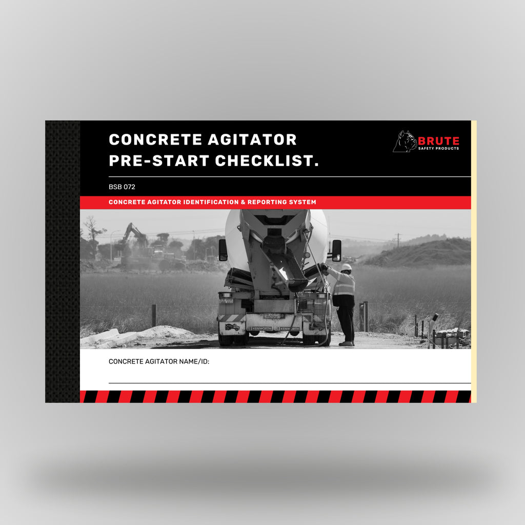 Brute Safety BSB 072 Concrete Agitator Pre_Start Checklist book front cover with agitator truck identification and reporting system branding, black and red design with unit name/ID field.