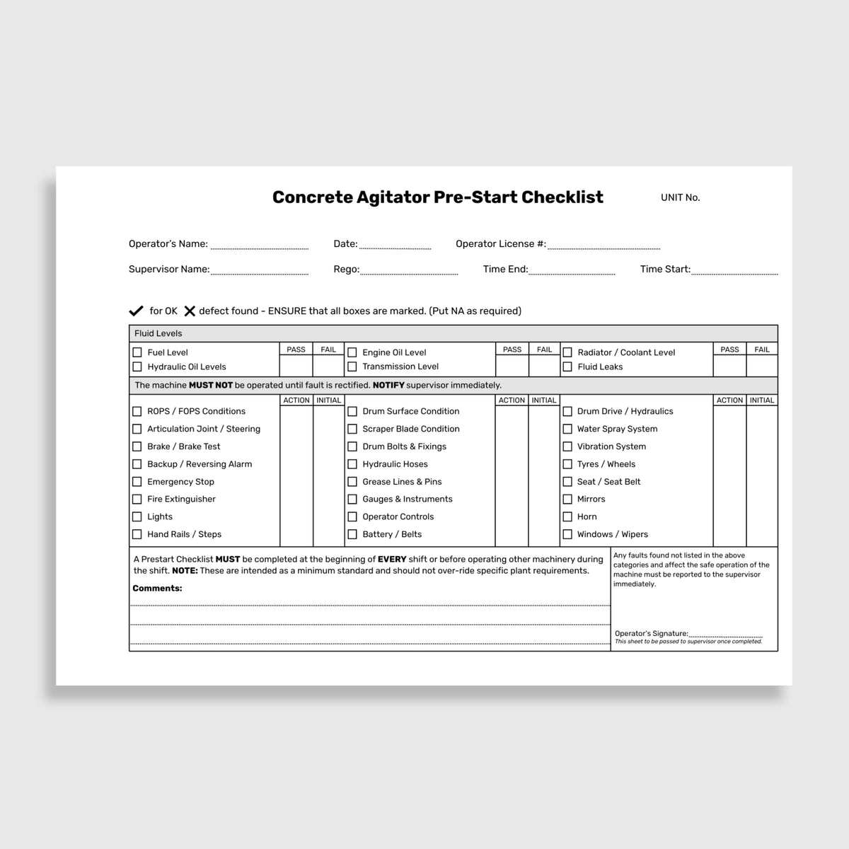 Open BSB 072 Concrete Agitator Pre_Start Checklist book showing the fault repair log and pre_start inspection checklist with operator name, date, tractor number and signature sections.