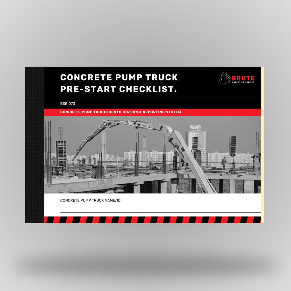 Brute Safety BSB 073 Concrete Pump Truck Pre_Start Checklist book front cover with pump truck identification and reporting system branding, black and red design with unit name/ID field.