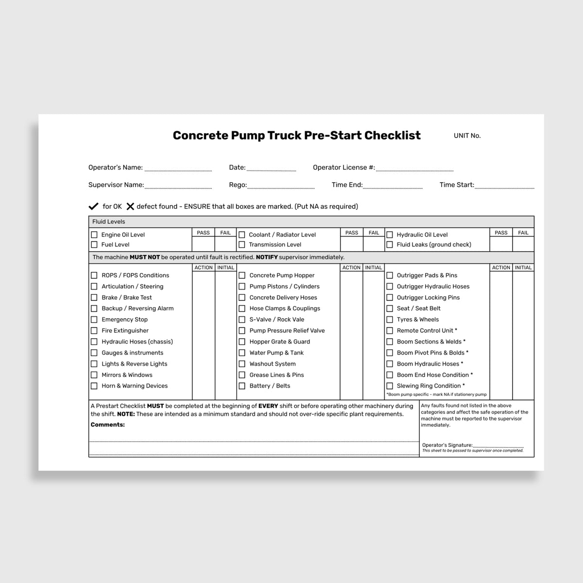 Open BSB 073 Concrete Pump Truck Pre_Start Checklist book showing the built_in fault repair log and pre_start inspection checklist with operator, date and signature fields.