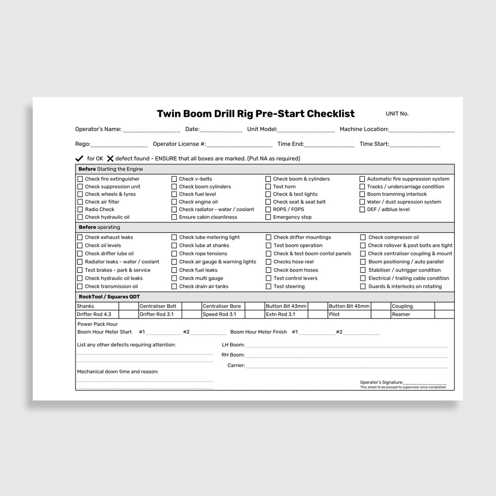 Open BSB 074 Twin Boom Drill Rig Pre_Start Checklist book displaying the fault repair log and pre_start inspection checklist with operator name, unit number, date and signature sections.