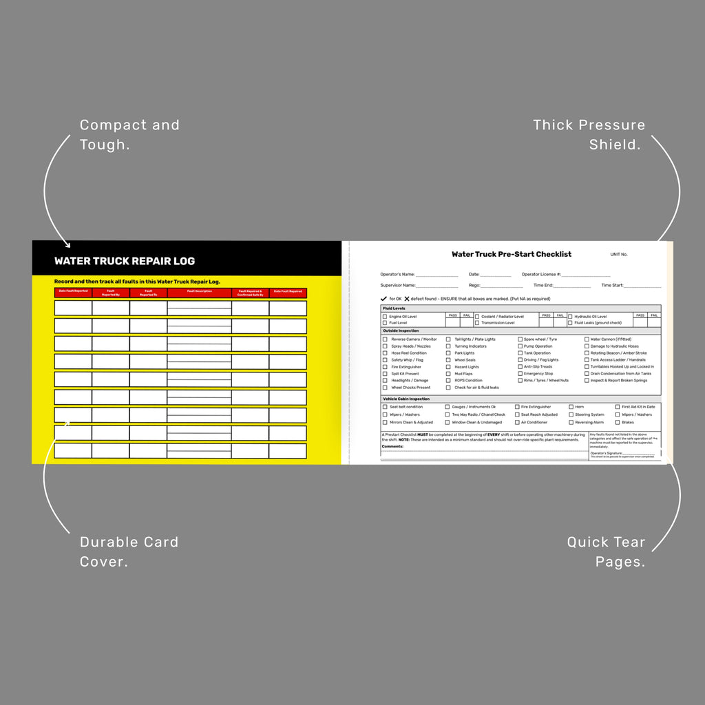 BSB 075 Water Truck Pre_Start Checklist book with callout labels highlighting compact and tough build, thick pressure shield, durable card cover and quick tear pages.