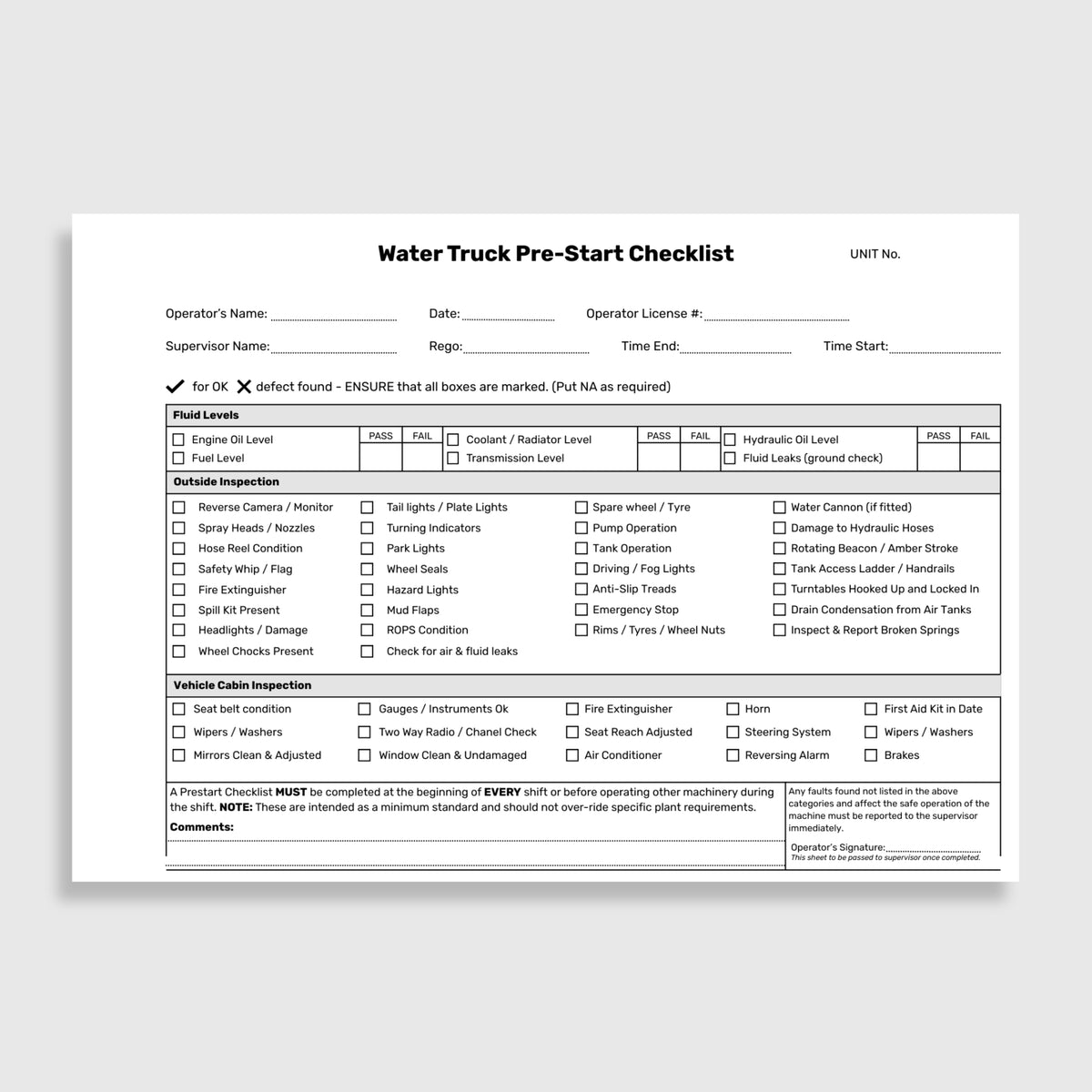 Open BSB 075 Water Truck Pre_Start Checklist book showing the fault repair log and pre_start inspection checklist with operator details, inspection categories and operator signature fields.