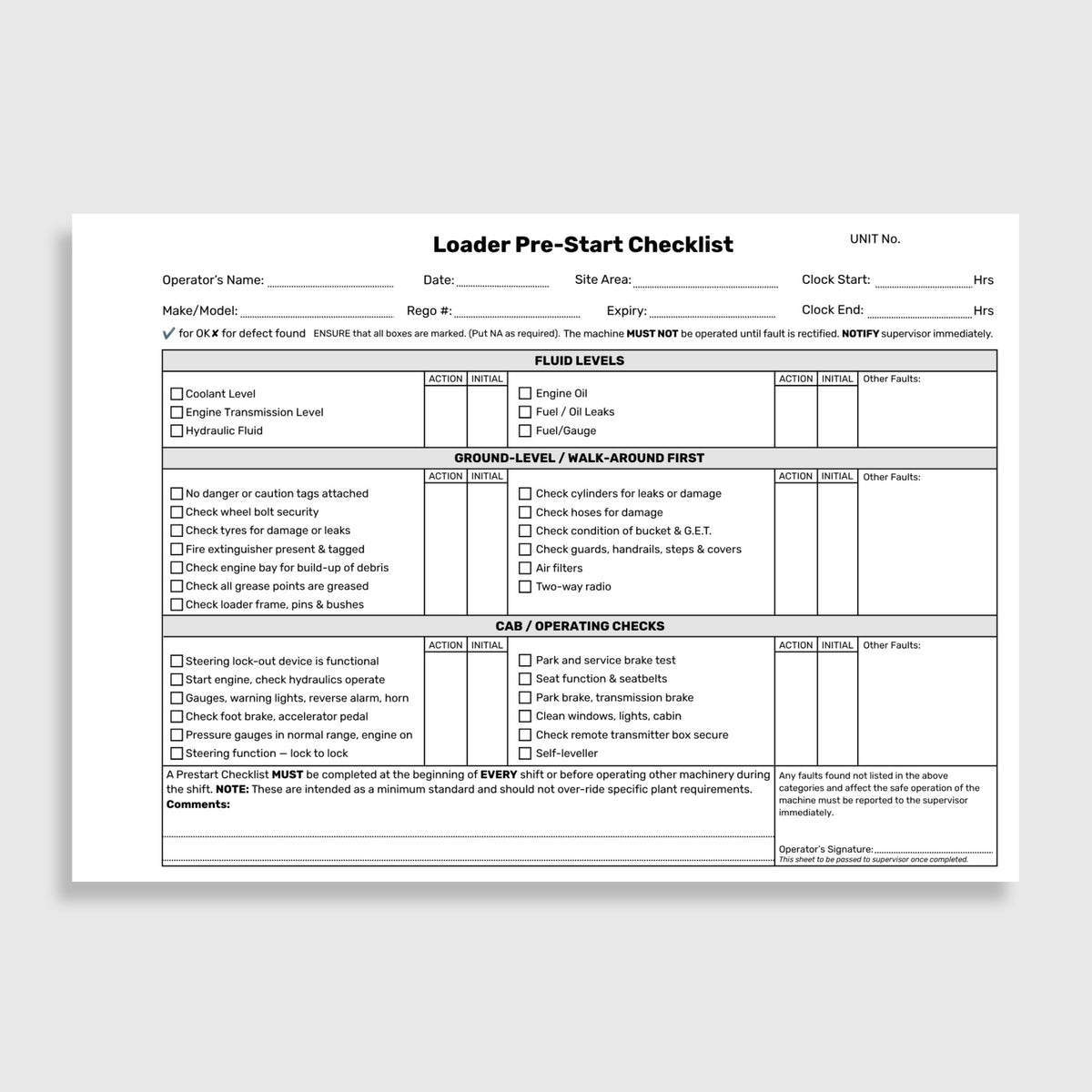 Open BSB 076 Loader Pre_Start Checklist book showing the yellow fault repair log and pre_start inspection checklist with operator details, inspection categories and operator signature fields.