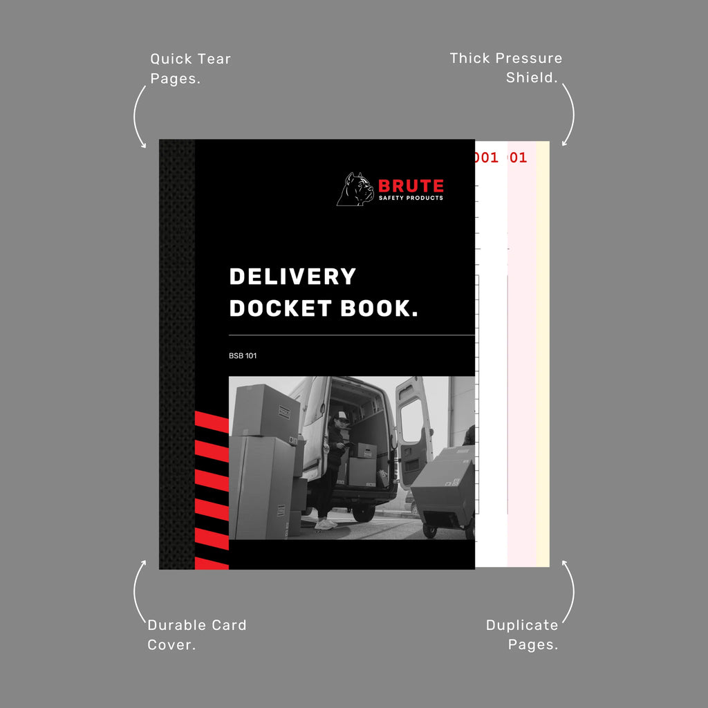Delivery Docket Book benefits callout highlighting 50 duplicate sets, writing shield and dispute prevention documentation features