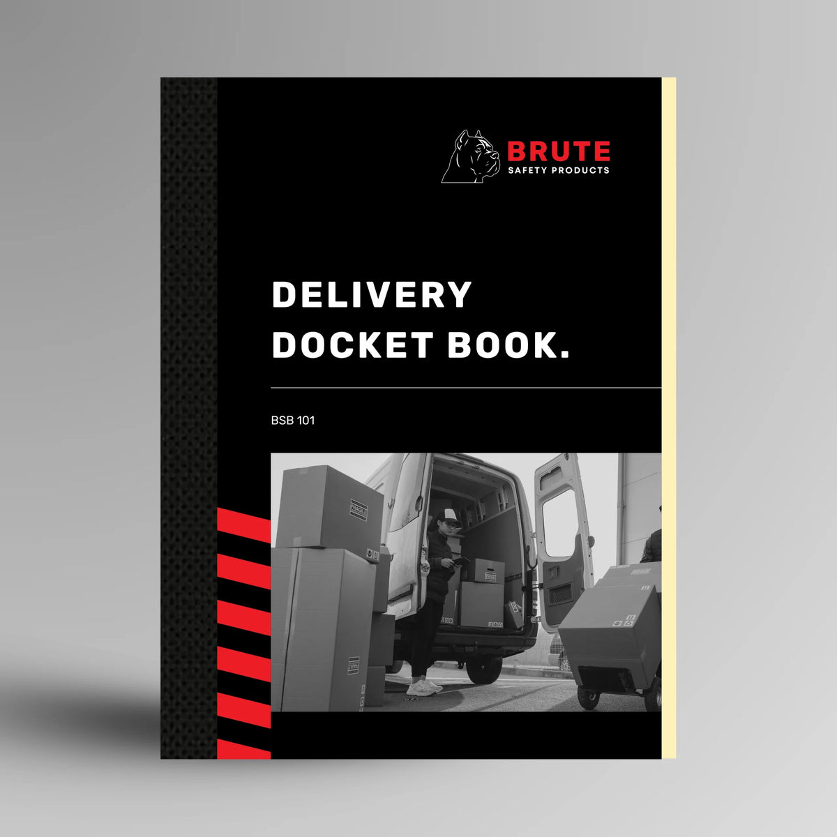 BSB 101 Delivery Docket Book shown upright in red with Brute Safety Products branding on A5 portrait cover