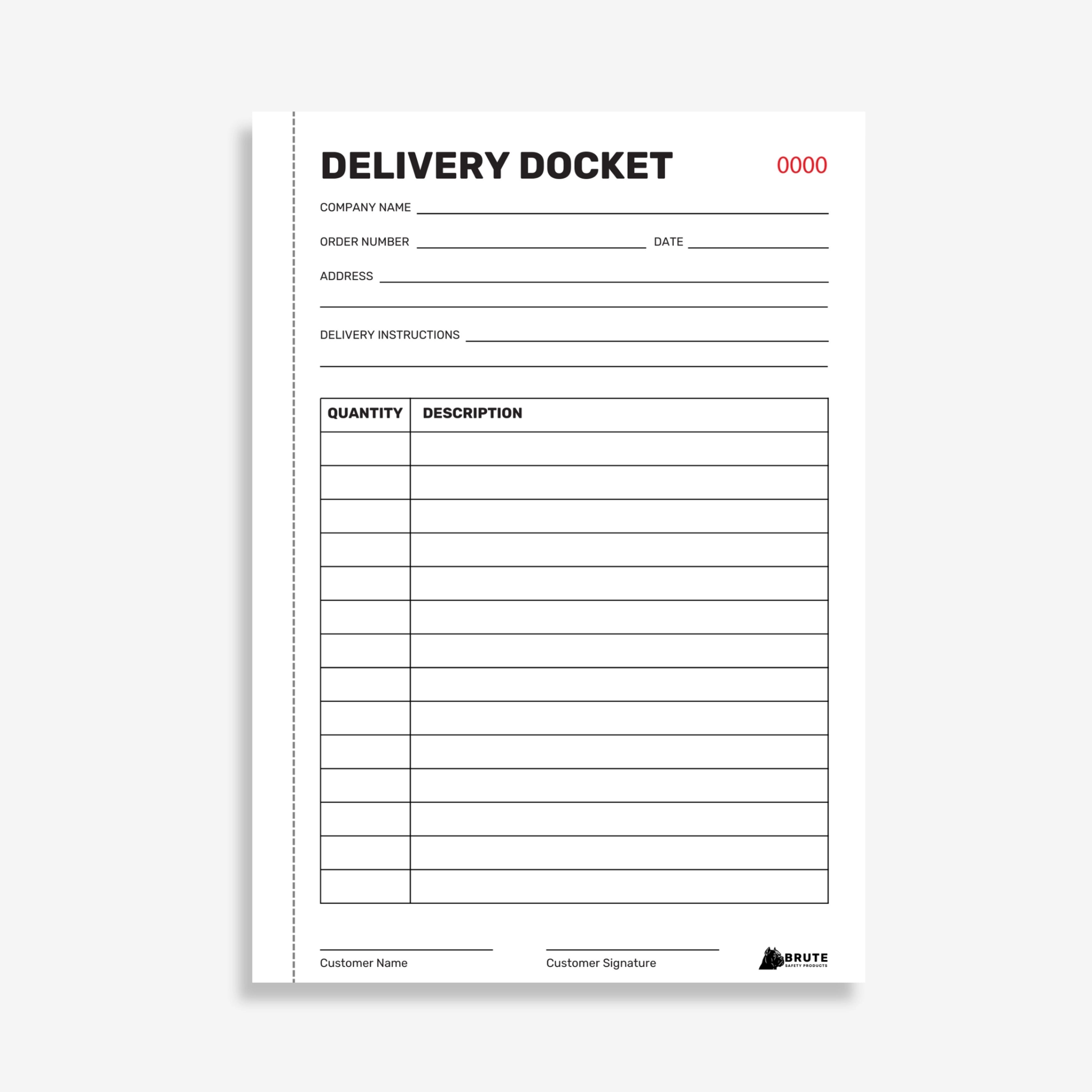 BSB 101 Delivery Docket Book opened flat showing duplicate sets with delivery tracking fields, stapled and taped on left at 210 x 148 mm size
