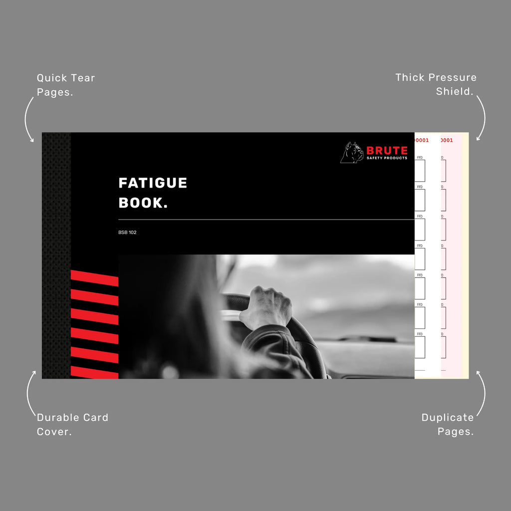Fatigue Book benefits callout highlighting 50 duplicate sets, writing shield and hours compliance documentation features