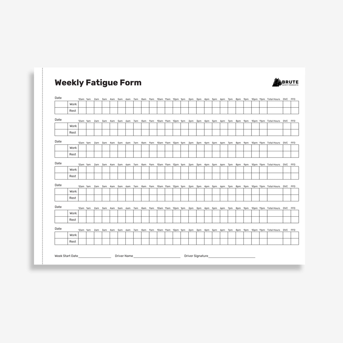 BSB 102 Fatigue Book opened flat showing duplicate sets with work hours, breaks and fatigue tracking fields at 210 x 297 mm size