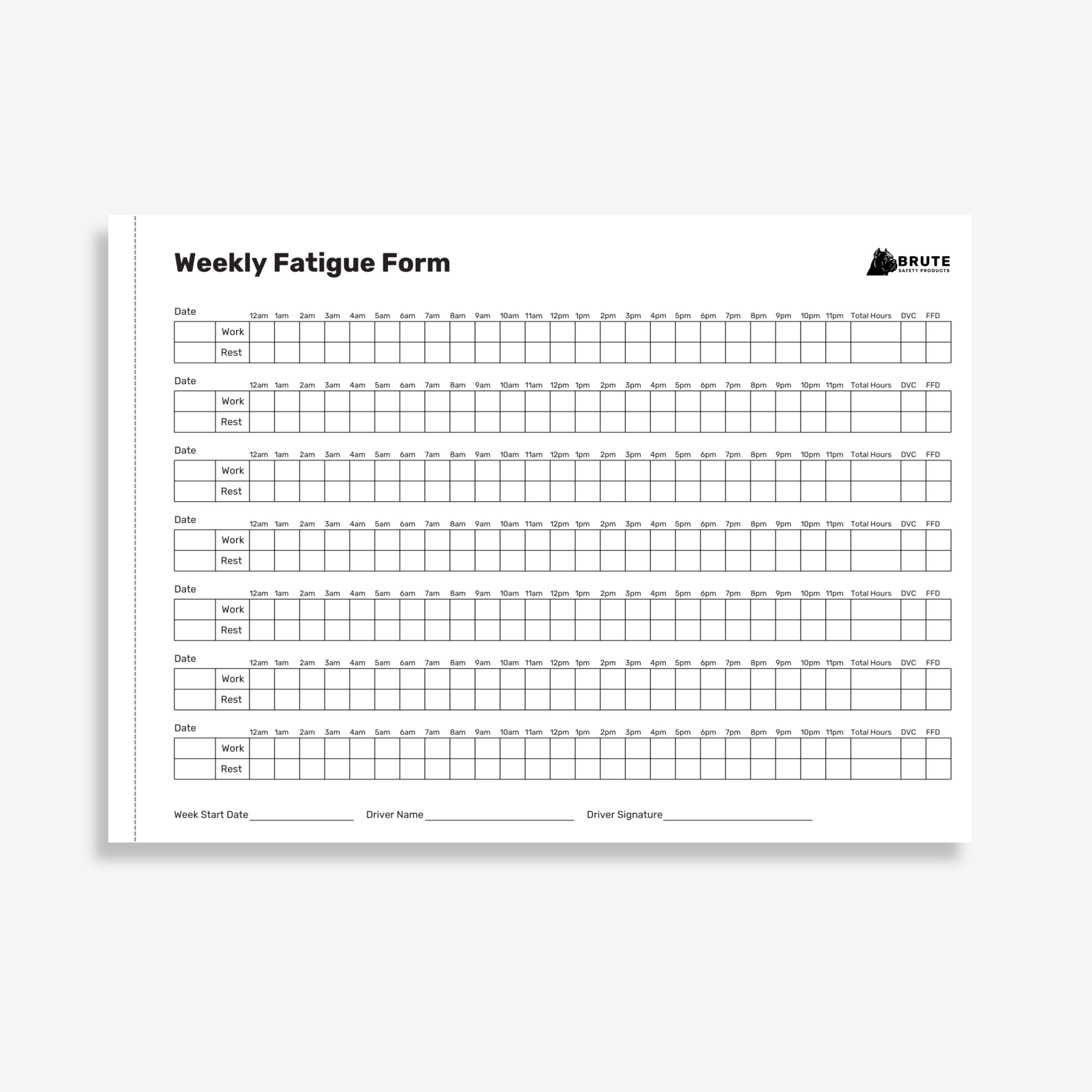 BSB 102 Fatigue Book opened flat showing duplicate sets with work hours, breaks and fatigue tracking fields at 210 x 297 mm size