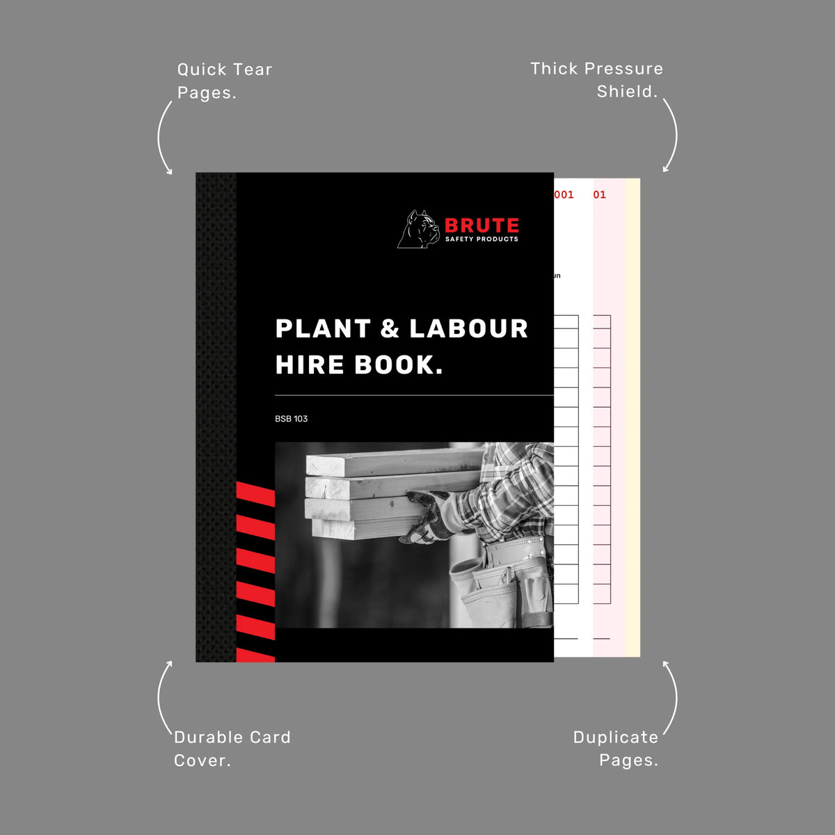 Plant Labour Hire Book benefits callout highlighting 50 duplicate sets, writing shield and equipment tracking documentation features