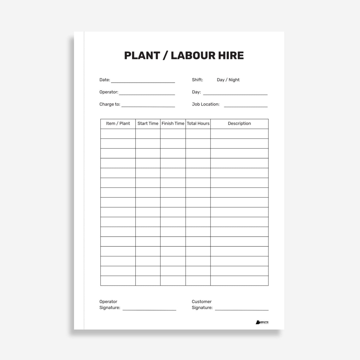 BSB 103 Plant Labour Hire Book opened flat showing duplicate sets with equipment, operator and hours tracking fields at 210 x 148 mm size