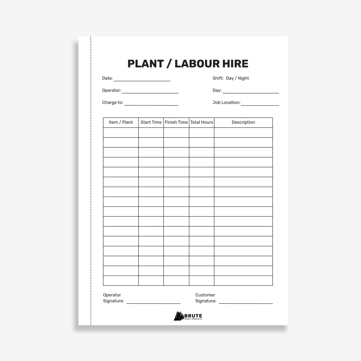 BSB 103 Plant Labour Hire Book opened flat showing duplicate sets with equipment, operator and hours tracking fields at 210 x 148 mm size