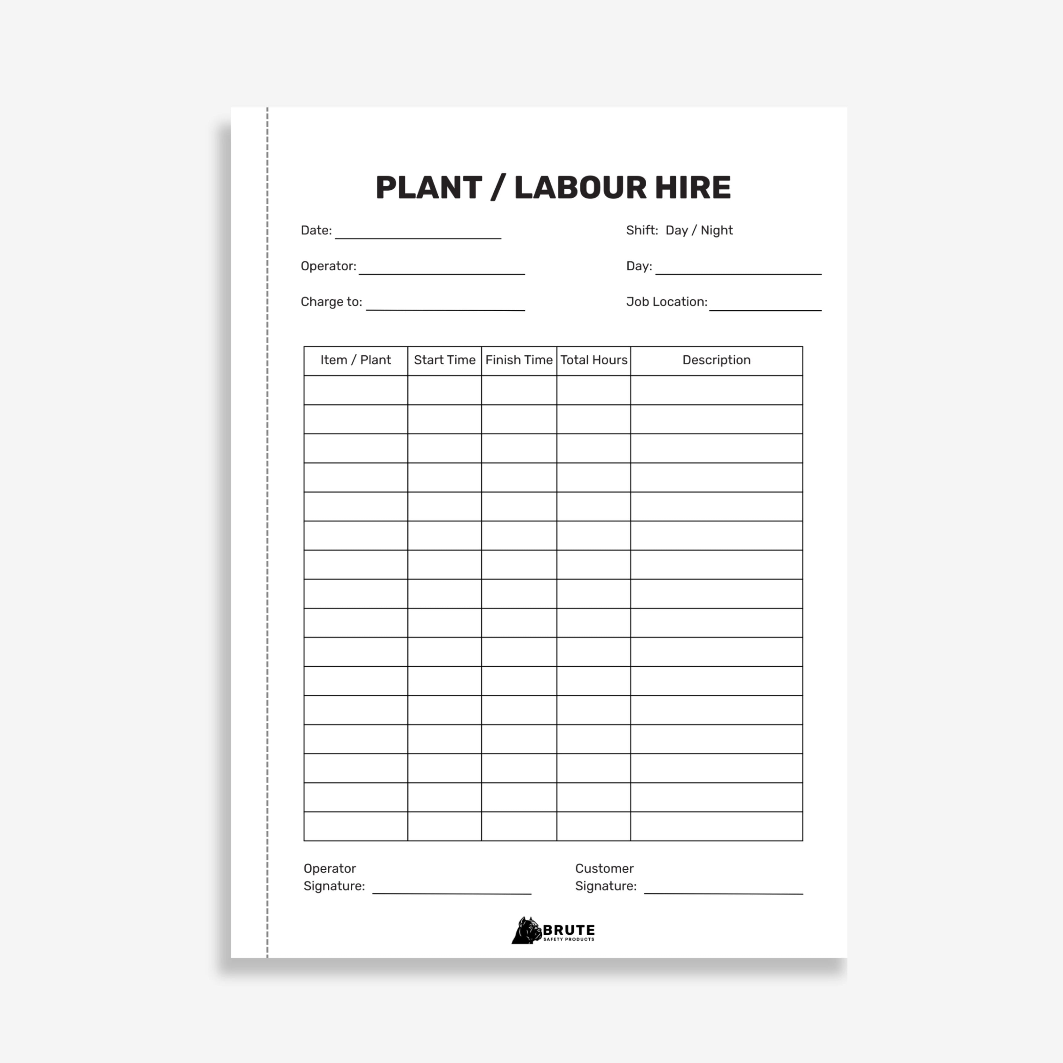 BSB 103 Plant Labour Hire Book opened flat showing duplicate sets with equipment, operator and hours tracking fields at 210 x 148 mm size