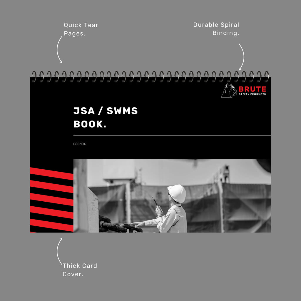 JSA SWMS Book benefits callout highlighting coil binding, 100gsm paper and comprehensive risk control documentation features