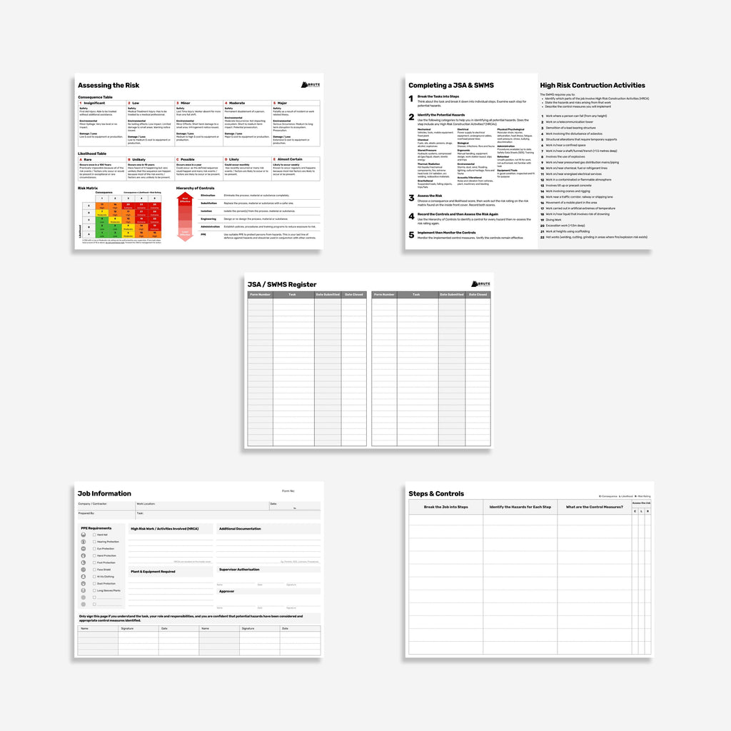 BSB 104 JSA SWMS Book opened flat showing job safety analysis and safe work method statement fields on 100gsm paper at 210 x 297 mm size